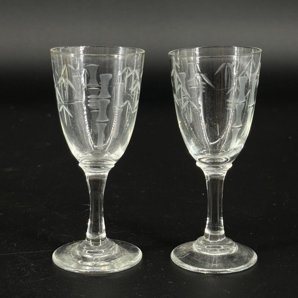 Vintage Noritake Sasaki Bamboo Etched Liqueur Sherry Wine Stem Glasses Pair